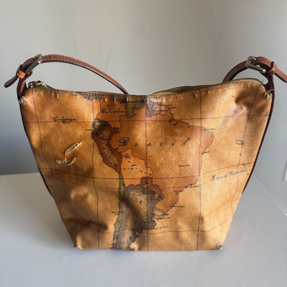 VTG Alviero Martini 1a Classe Geo Map Print Shoulder Bag Tan Brown - Picture 3 of 11